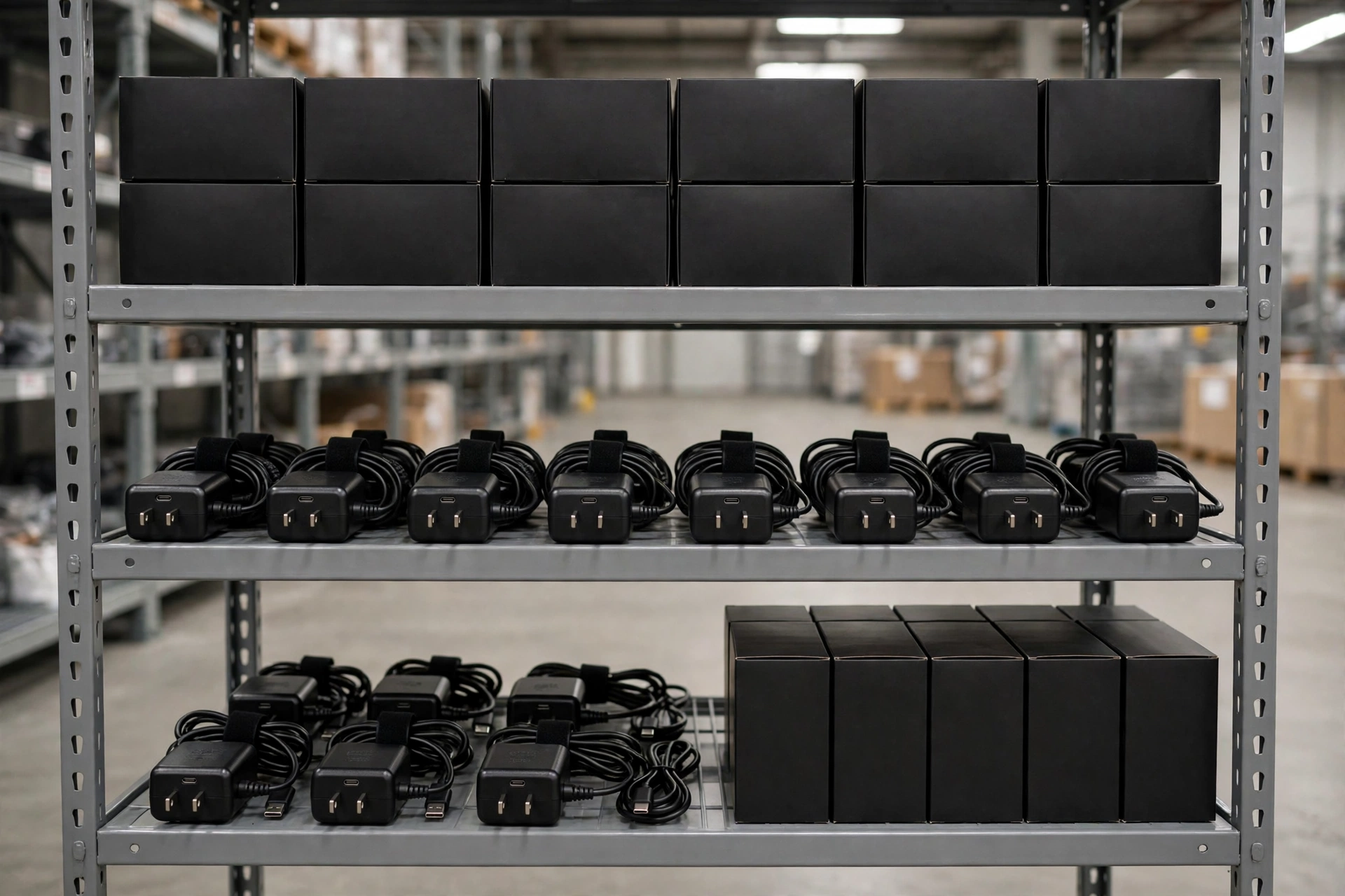Power adapters on supply shelves, general illustration