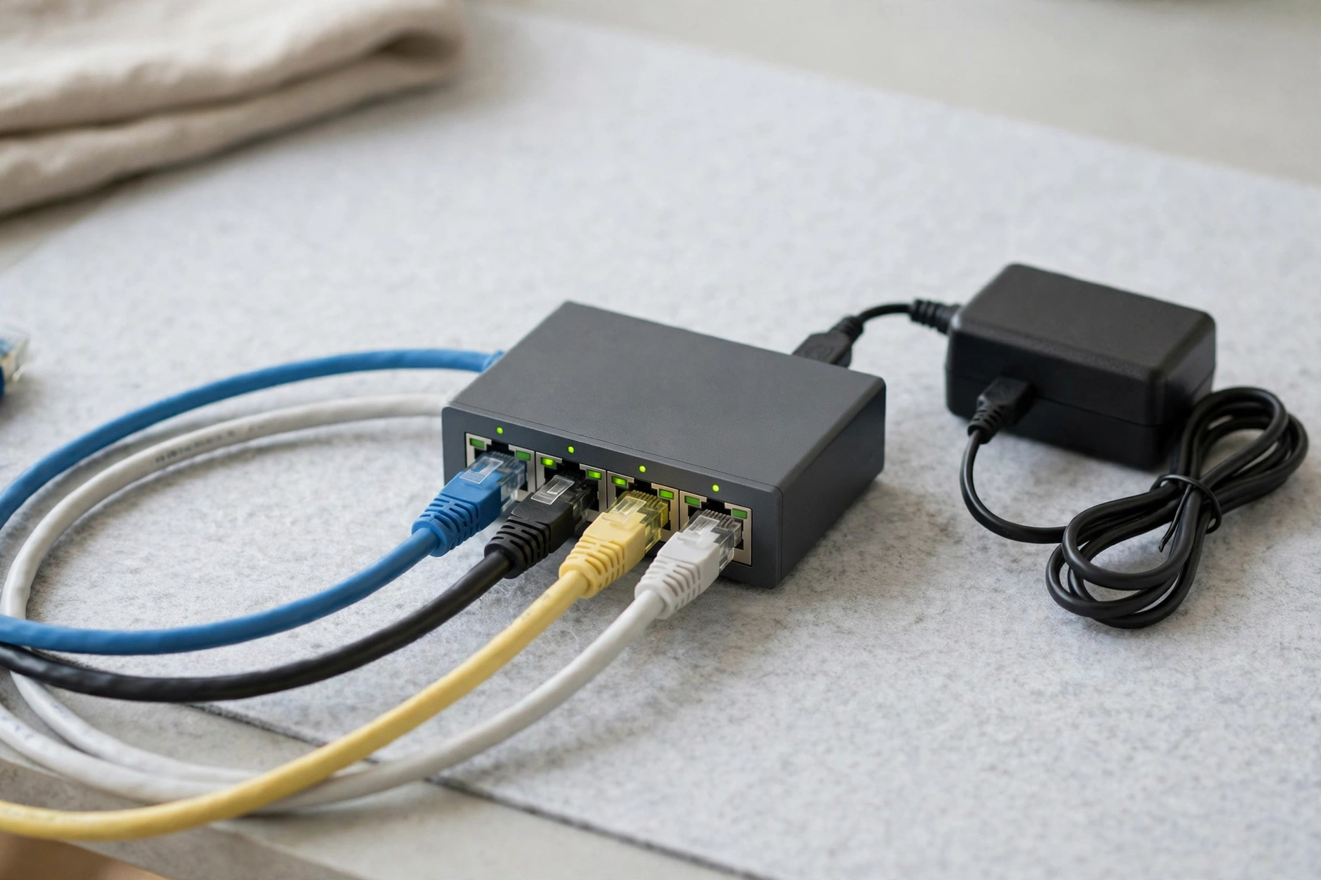 General POE switch with network cables, general illustration